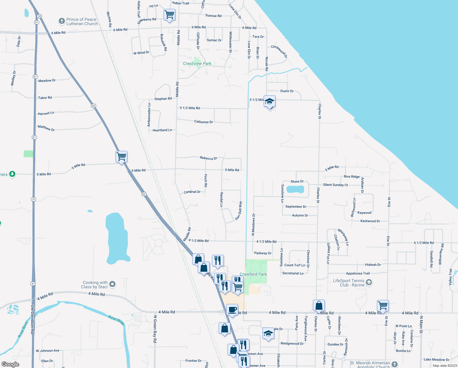 map of restaurants, bars, coffee shops, grocery stores, and more near 2525 Noelle Court in Racine