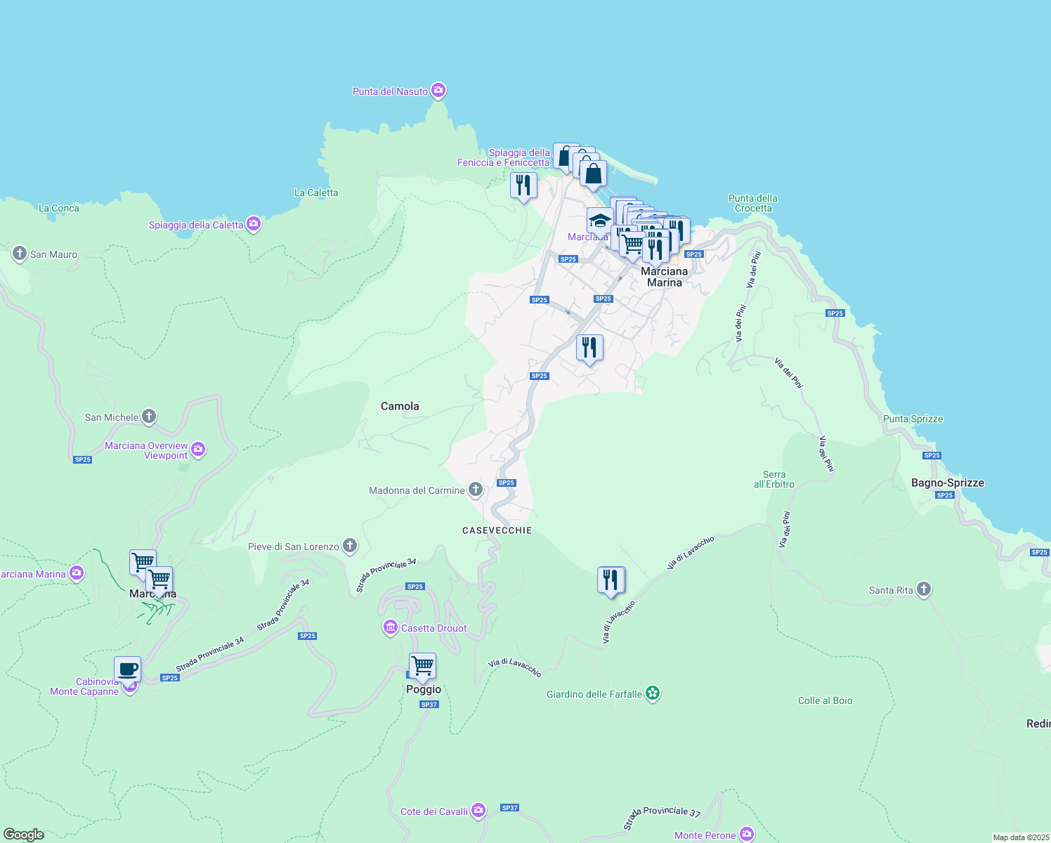 map of restaurants, bars, coffee shops, grocery stores, and more near 6 Localita Capo Al Piano in Marciana Marina