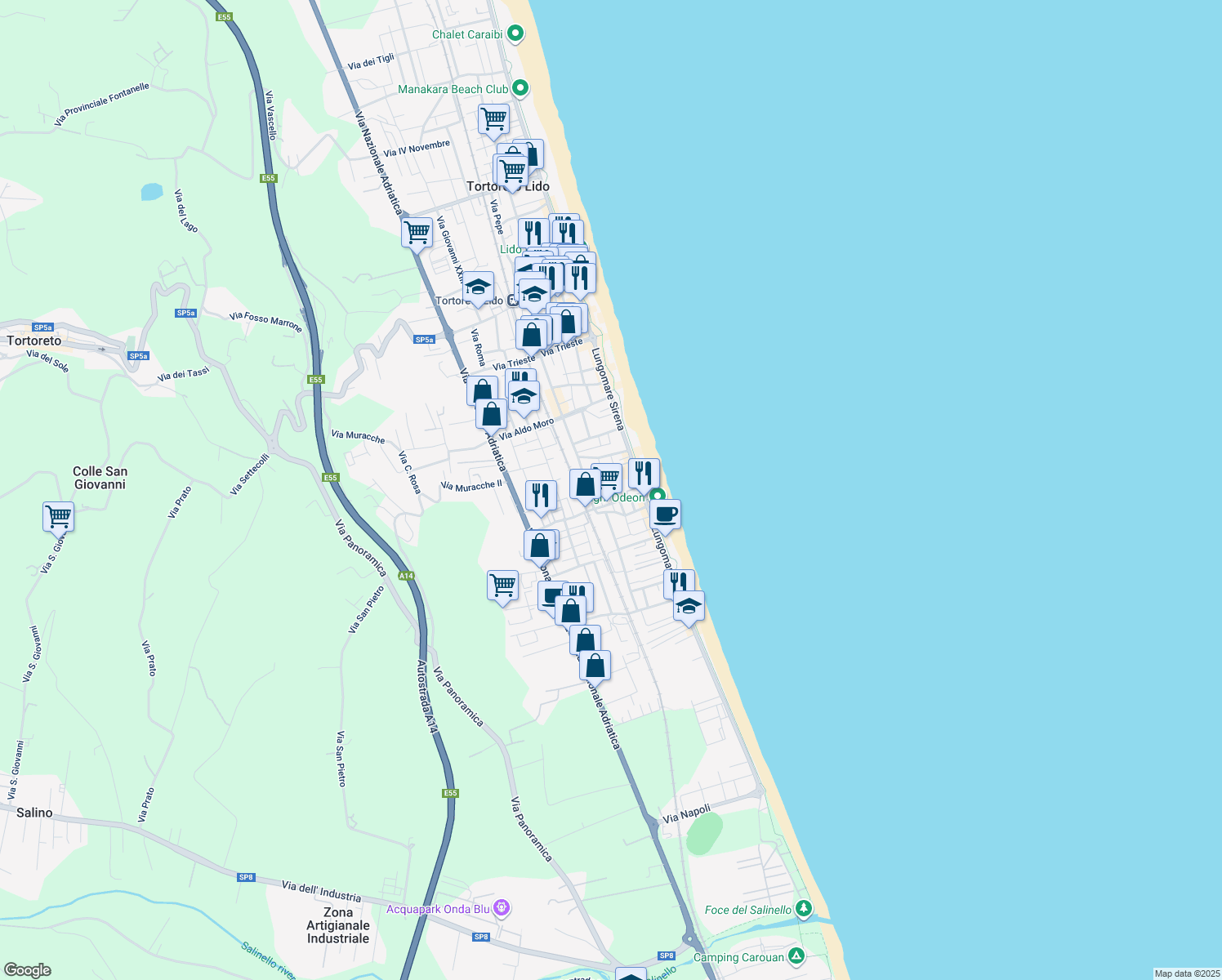 map of restaurants, bars, coffee shops, grocery stores, and more near 8 Via Virgilio in Tortoreto Lido