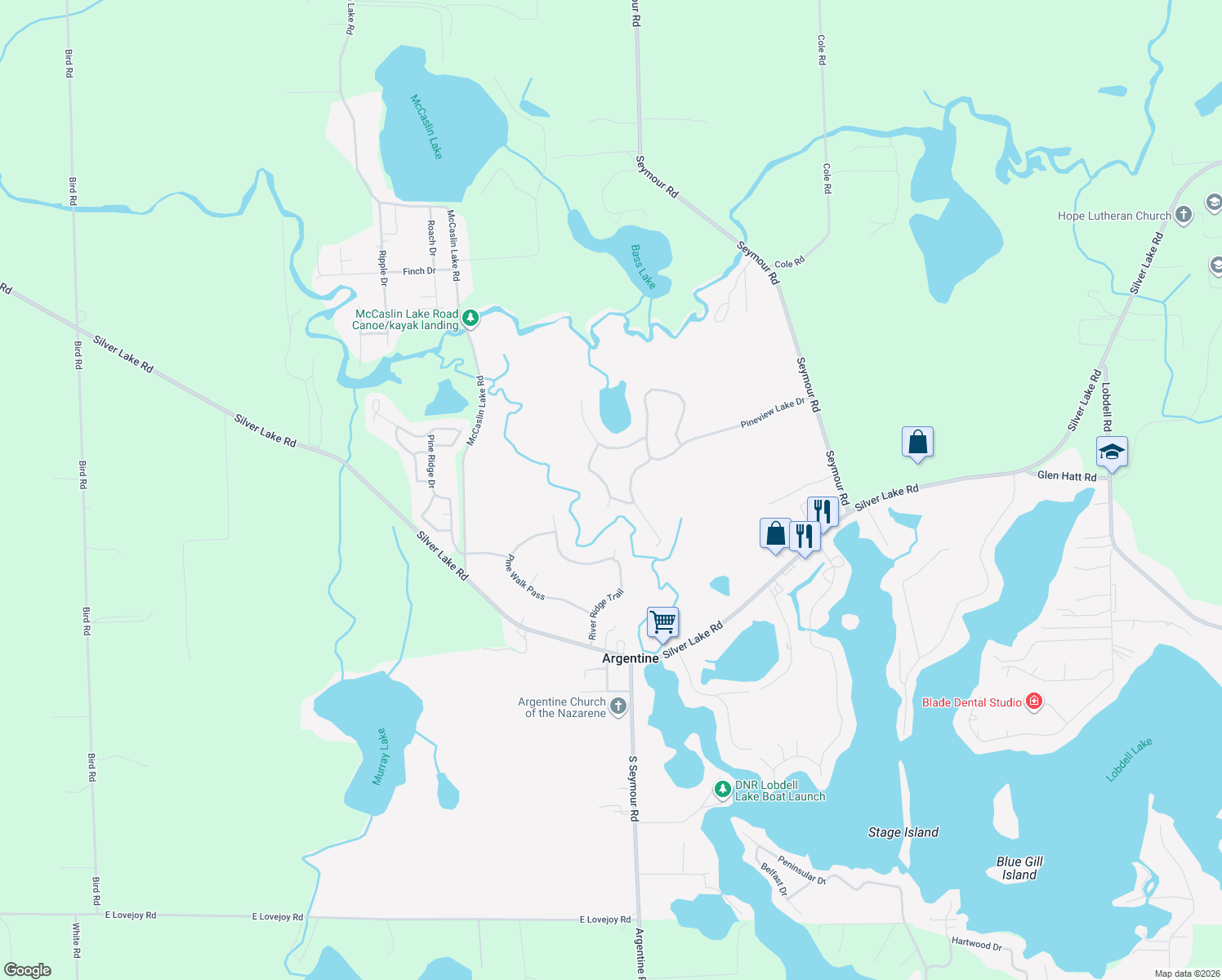 map of restaurants, bars, coffee shops, grocery stores, and more near 9060 Pineview River Drive in Linden