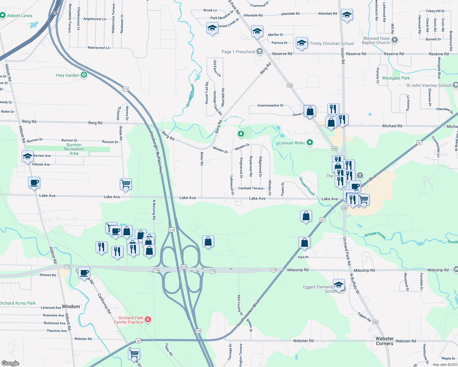 map of restaurants, bars, coffee shops, grocery stores, and more near 9 Lakewood Drive in Orchard Park