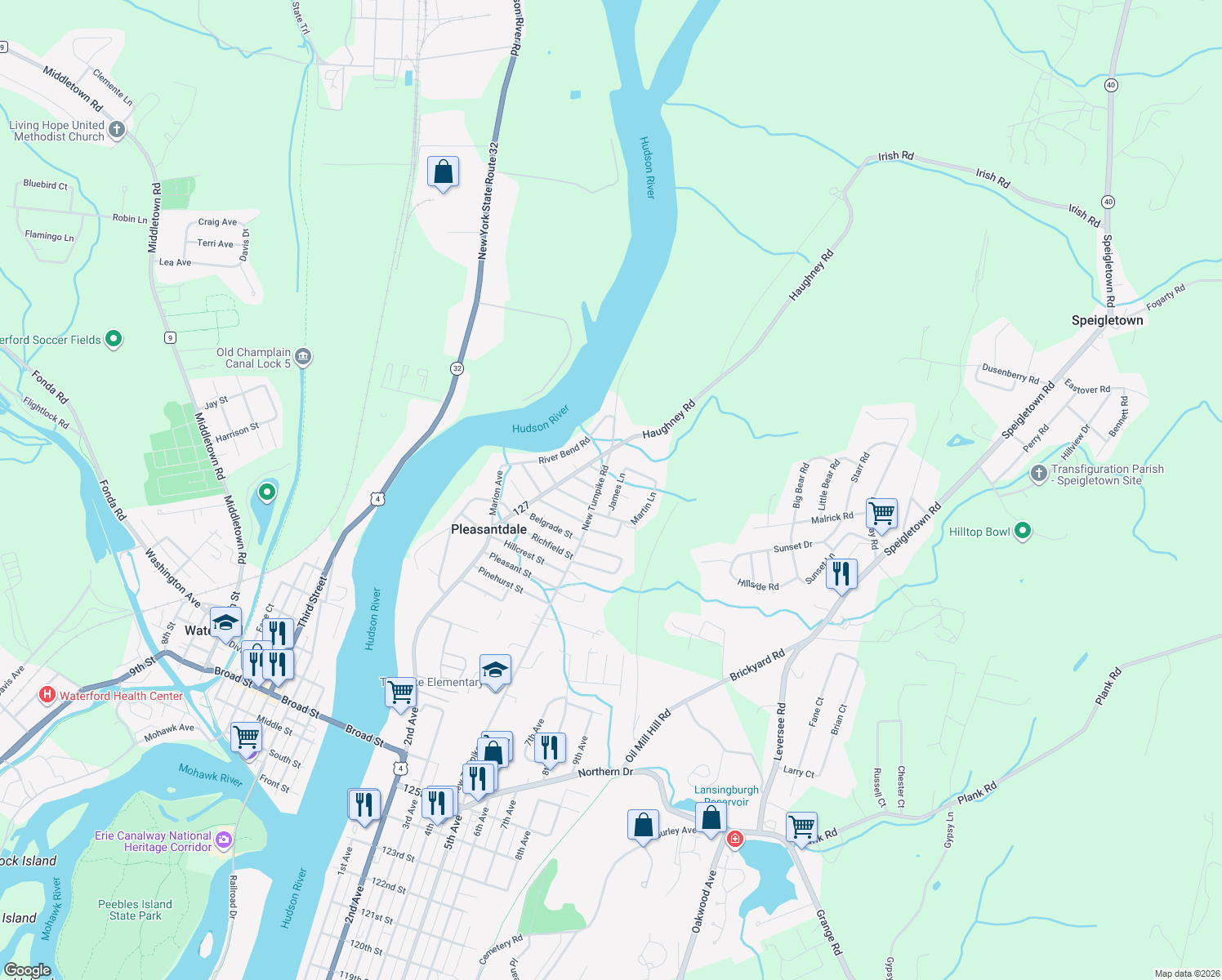 map of restaurants, bars, coffee shops, grocery stores, and more near 12 James Lane in Troy