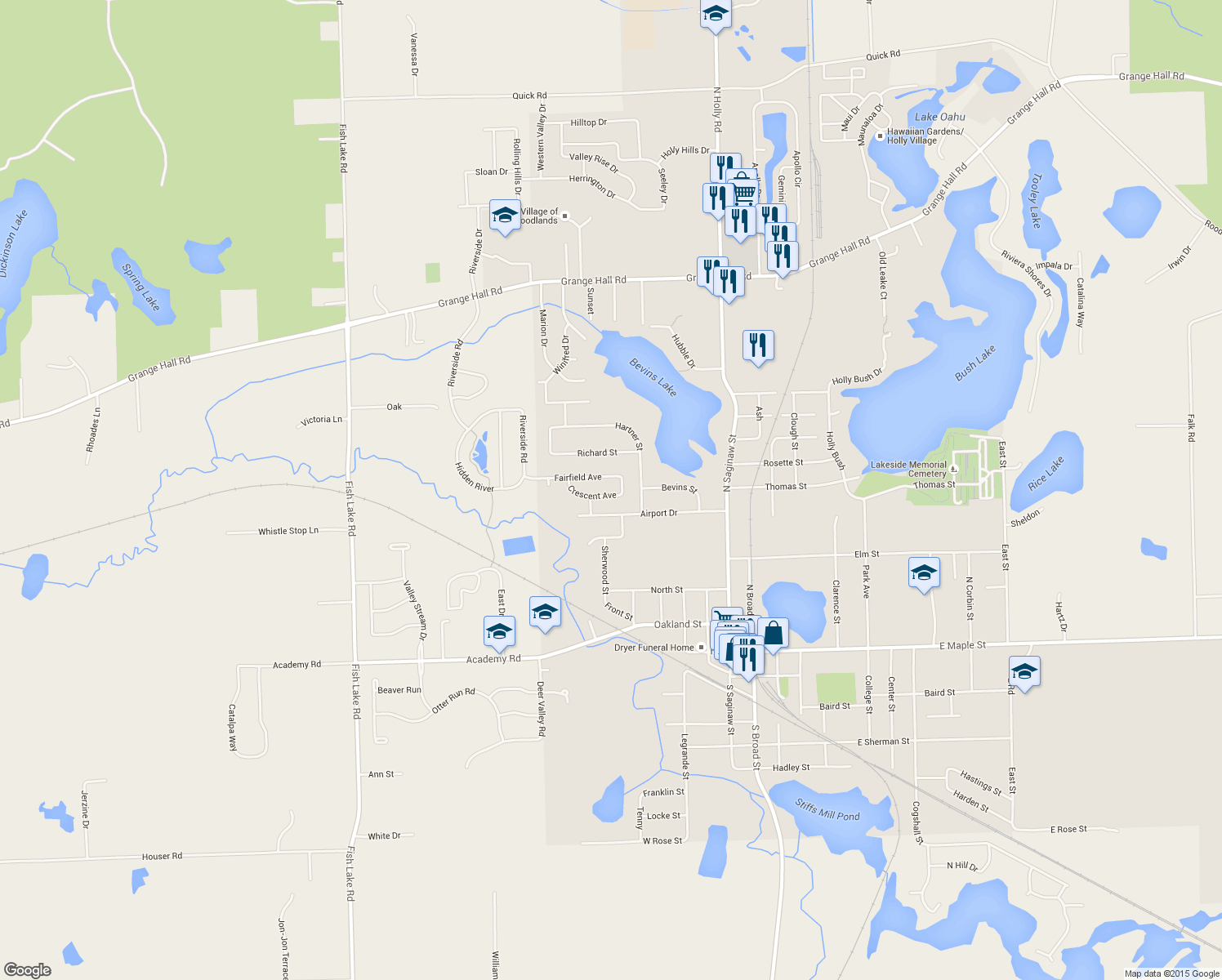 map of restaurants, bars, coffee shops, grocery stores, and more near 310 Cresent Street in Holly
