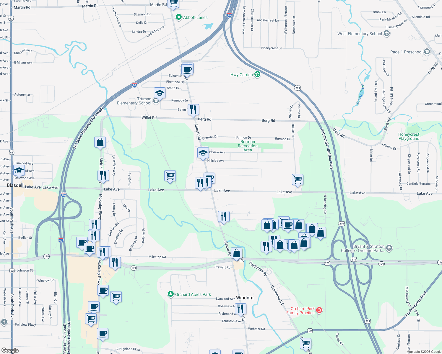 map of restaurants, bars, coffee shops, grocery stores, and more near 85 Velore Avenue in Orchard Park