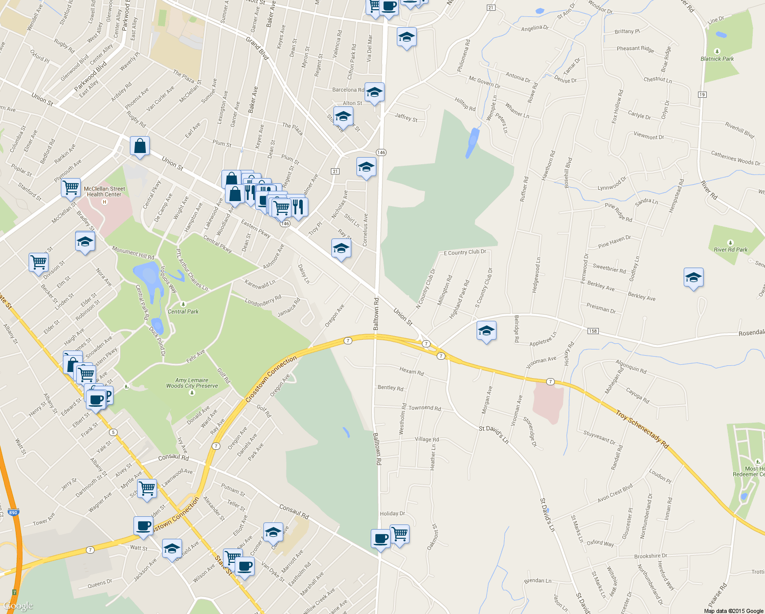 map of restaurants, bars, coffee shops, grocery stores, and more near 1844 Union Street in Schenectady County