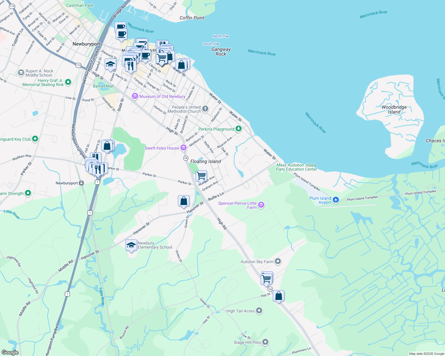 map of restaurants, bars, coffee shops, grocery stores, and more near 6 Withington Street in Newbury