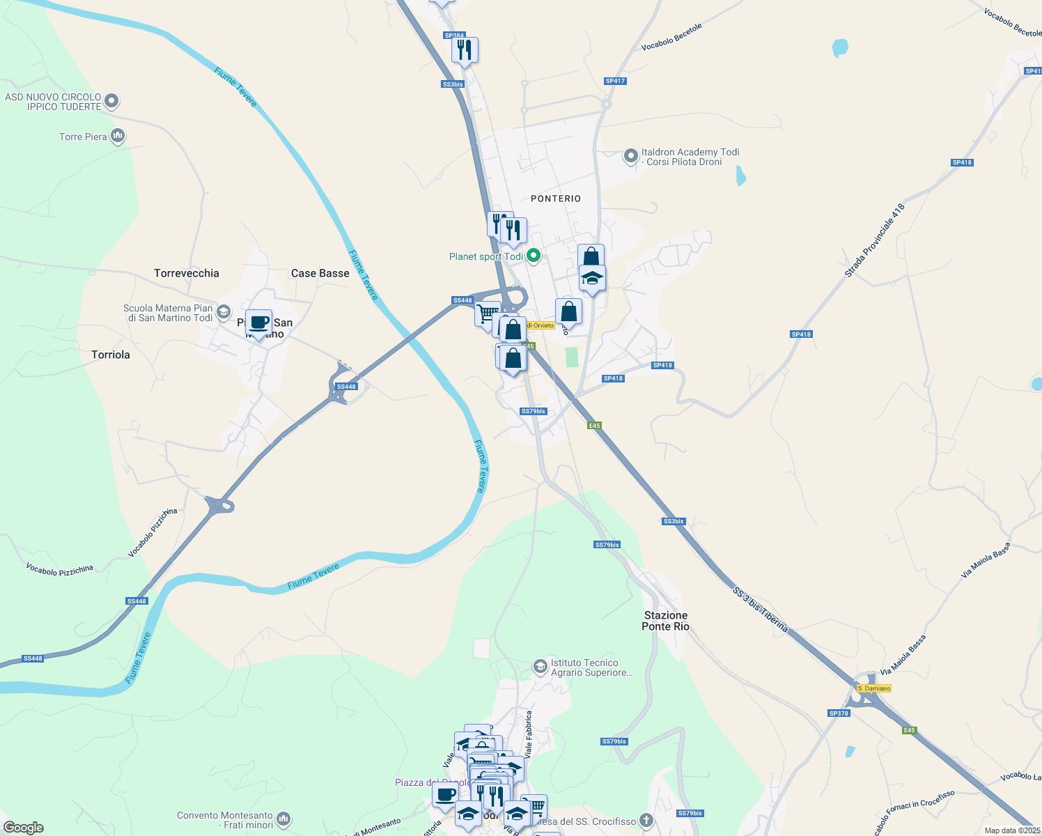 map of restaurants, bars, coffee shops, grocery stores, and more near 75 Località Ponterio in Provincia di Perugia
