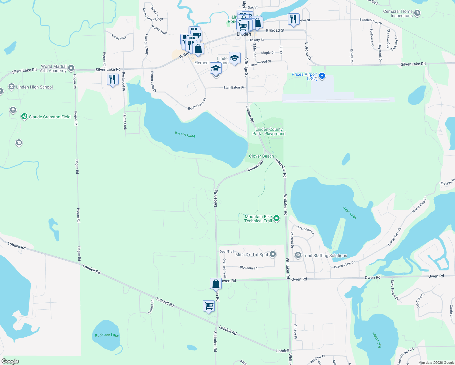 map of restaurants, bars, coffee shops, grocery stores, and more near 15459 Linden Road in Linden