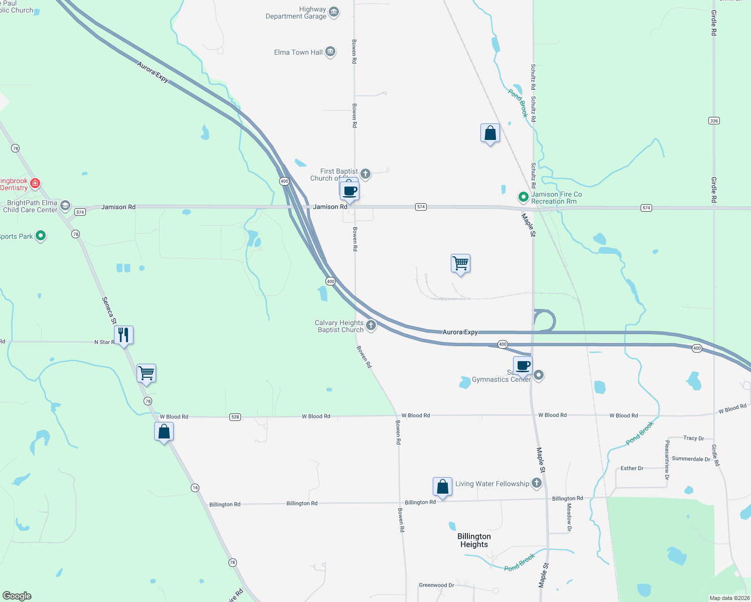 map of restaurants, bars, coffee shops, grocery stores, and more near 1051 Bowen Road in Elma Center