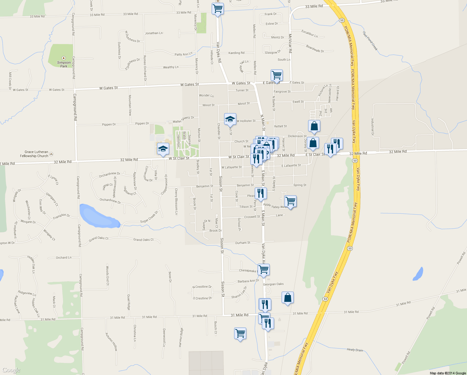 map of restaurants, bars, coffee shops, grocery stores, and more near 209 Benjamin Street in Romeo