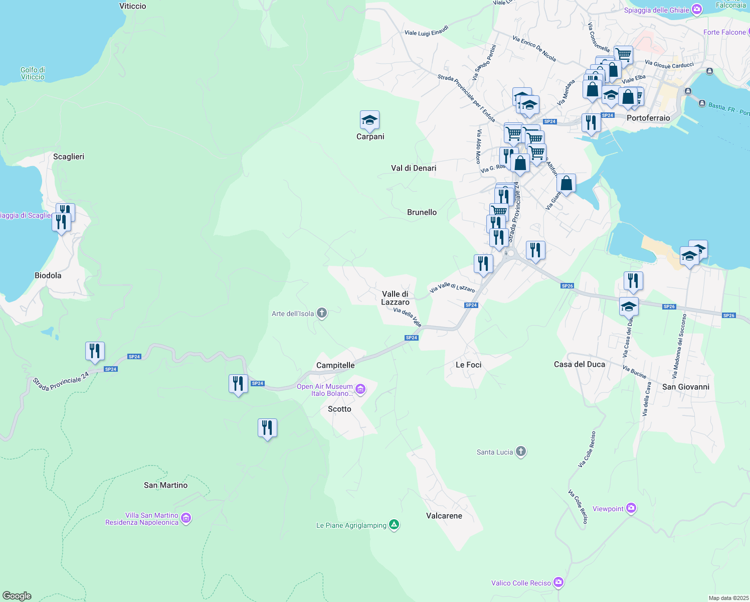 map of restaurants, bars, coffee shops, grocery stores, and more near 59 Via Valle di Lazzaro in Valle di Lazzaro