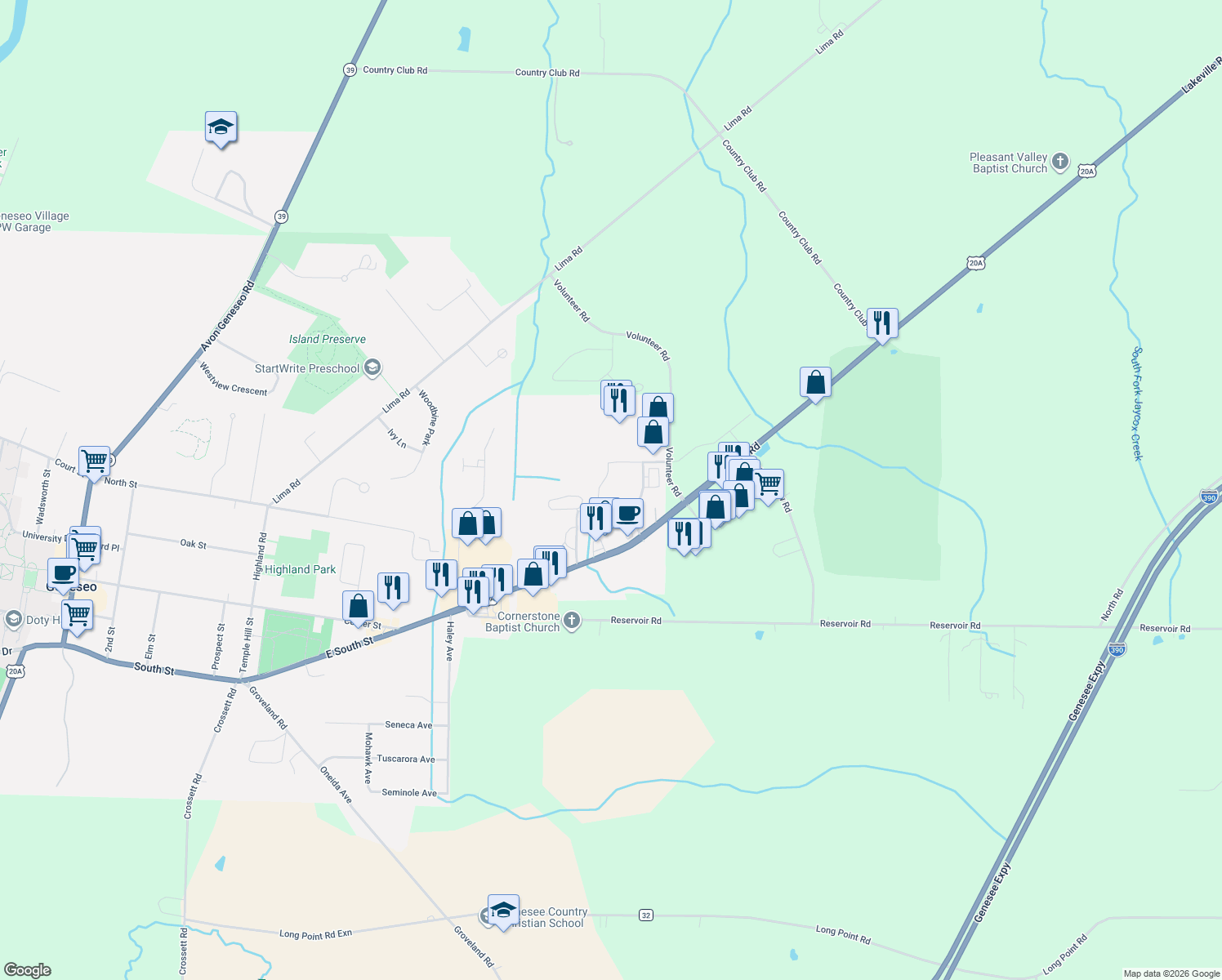 map of restaurants, bars, coffee shops, grocery stores, and more near 4500 Millennium Drive in Geneseo