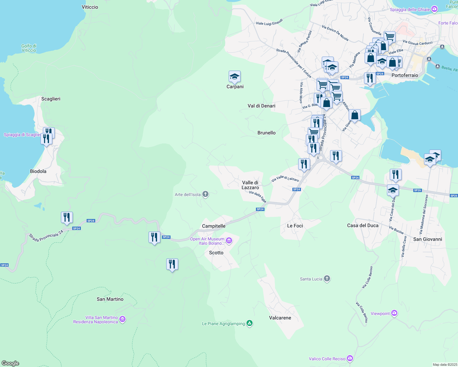 map of restaurants, bars, coffee shops, grocery stores, and more near 59 Via Valle di Lazzaro in Valle di Lazzaro