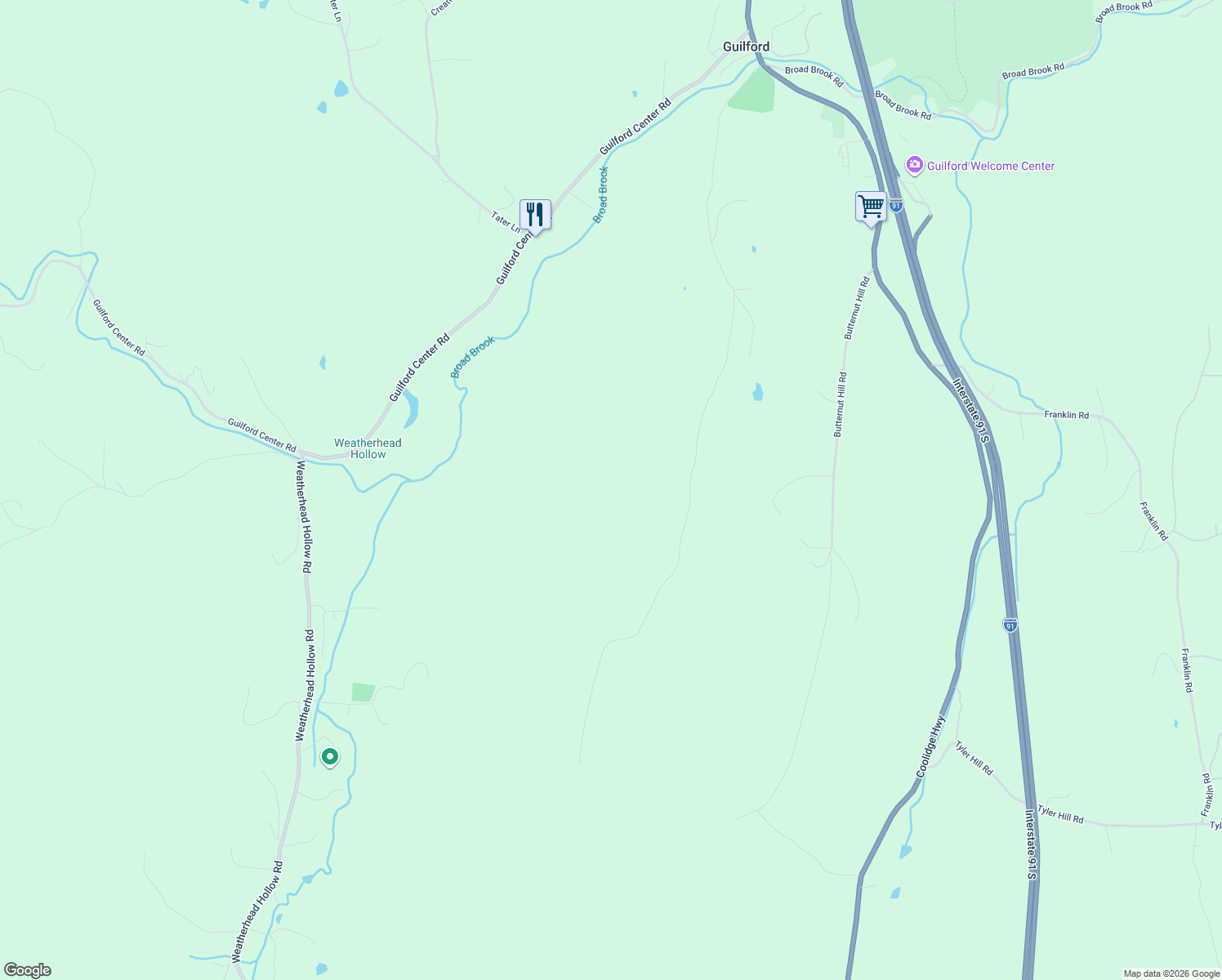 map of restaurants, bars, coffee shops, grocery stores, and more near 1270 Melendy Hill Road in Guilford