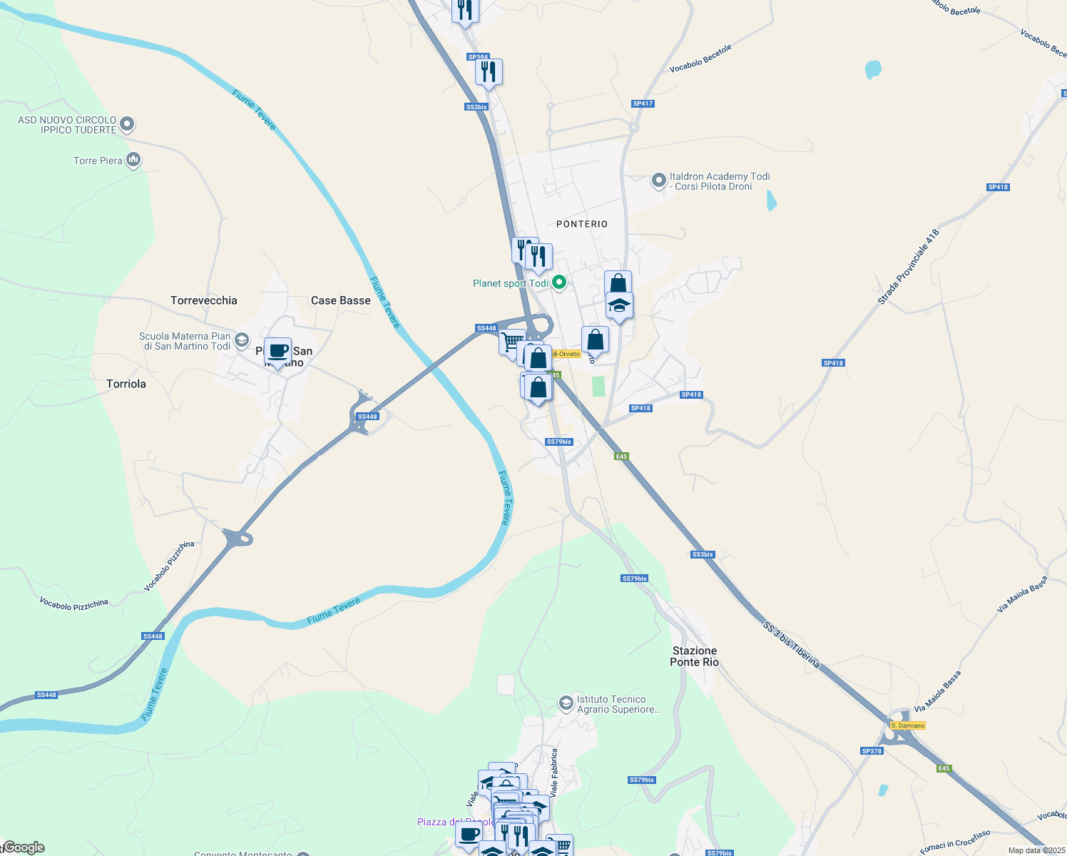 map of restaurants, bars, coffee shops, grocery stores, and more near 75 Località Ponterio in Provincia di Perugia