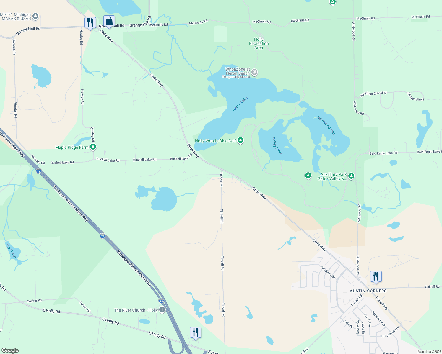 map of restaurants, bars, coffee shops, grocery stores, and more near 16134 Tindall Road in Holly