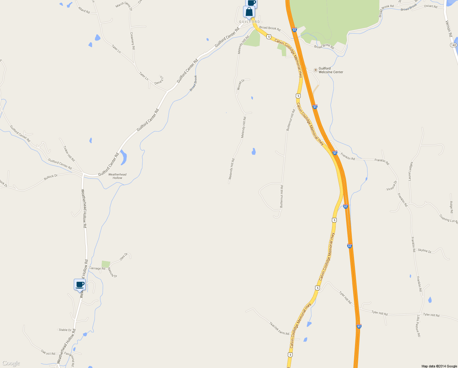 map of restaurants, bars, coffee shops, grocery stores, and more near 1270 Melendy Hill Road in Guilford