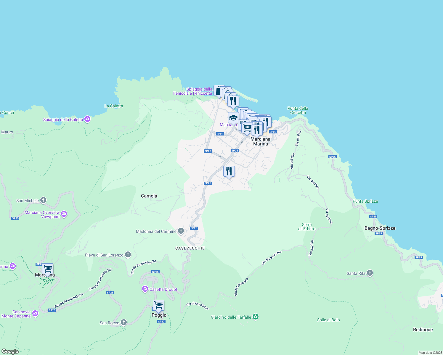 map of restaurants, bars, coffee shops, grocery stores, and more near 26 Via San Giovanni in Marciana Marina