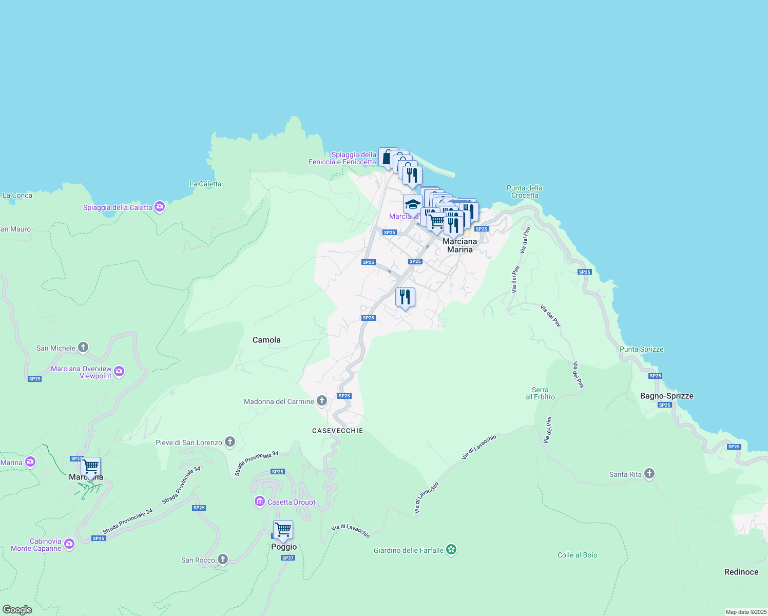 map of restaurants, bars, coffee shops, grocery stores, and more near 26 Via San Giovanni in Marciana Marina