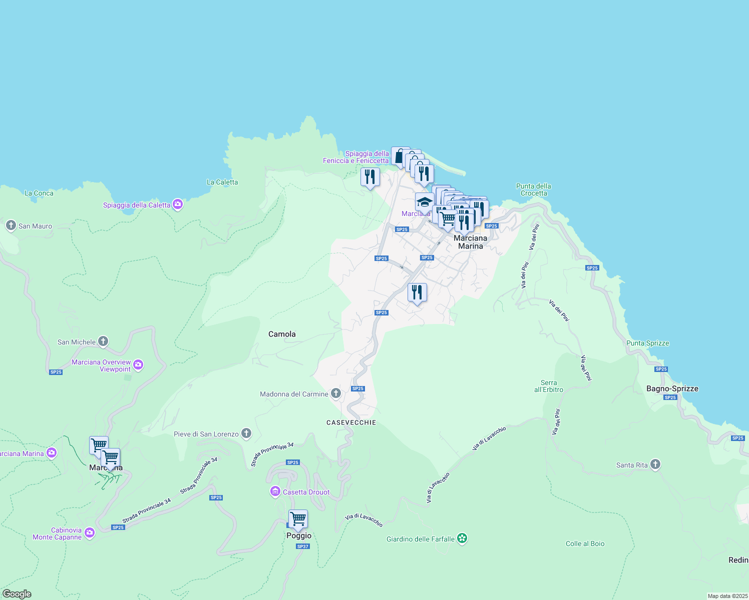map of restaurants, bars, coffee shops, grocery stores, and more near 12 Località Ontanelli in Marciana Marina