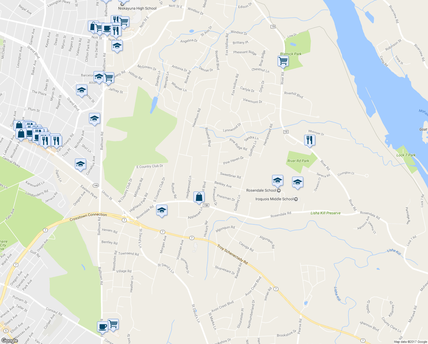 map of restaurants, bars, coffee shops, grocery stores, and more near 1171 Fernwood Drive in Schenectady County