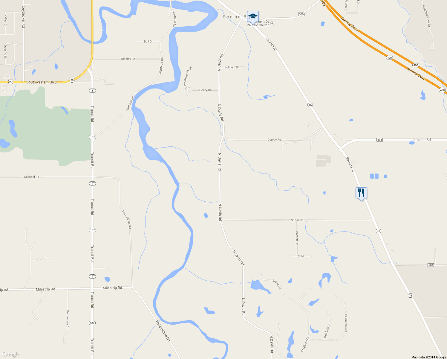 map of restaurants, bars, coffee shops, grocery stores, and more near 841 North Davis Road in Erie County