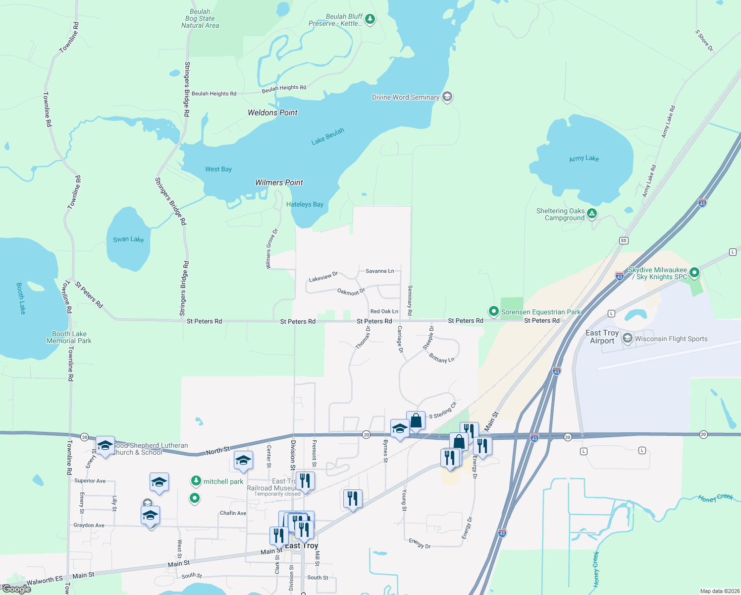 map of restaurants, bars, coffee shops, grocery stores, and more near 1670 Thomas Drive in East Troy