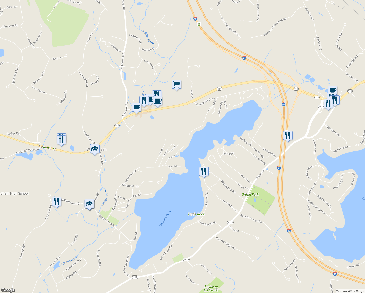 map of restaurants, bars, coffee shops, grocery stores, and more near 43 1st Street in Windham