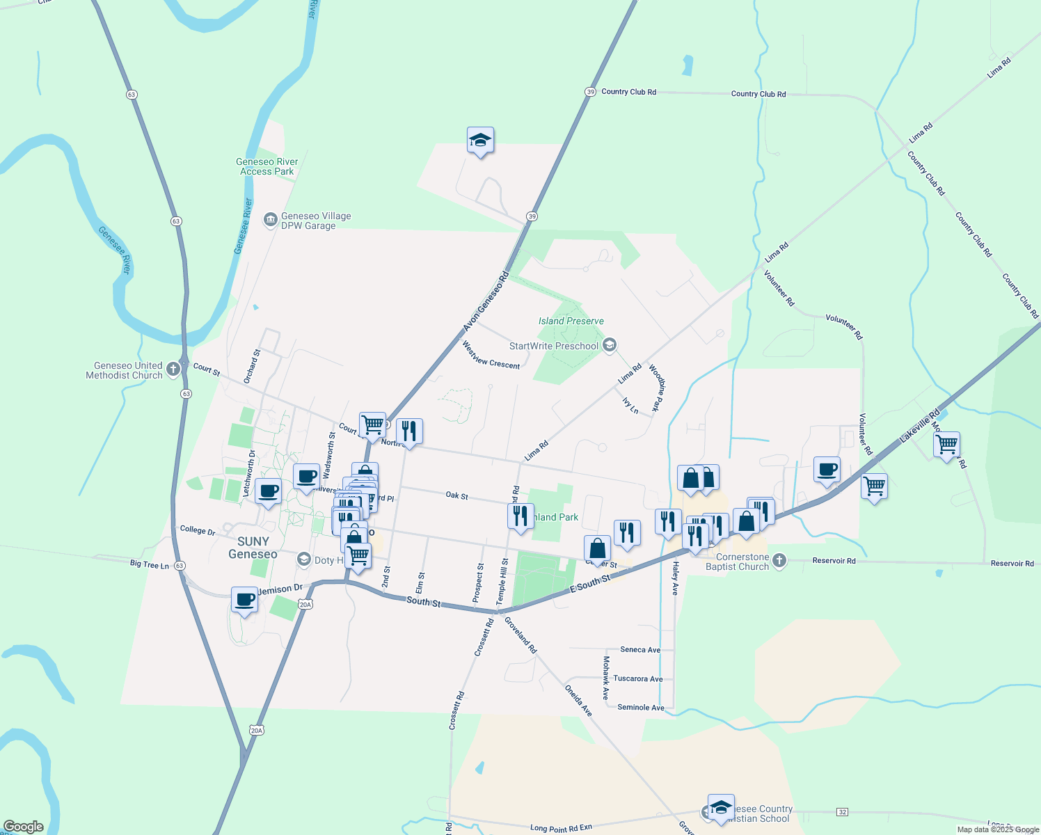 map of restaurants, bars, coffee shops, grocery stores, and more near 18 Livingston St in Geneseo