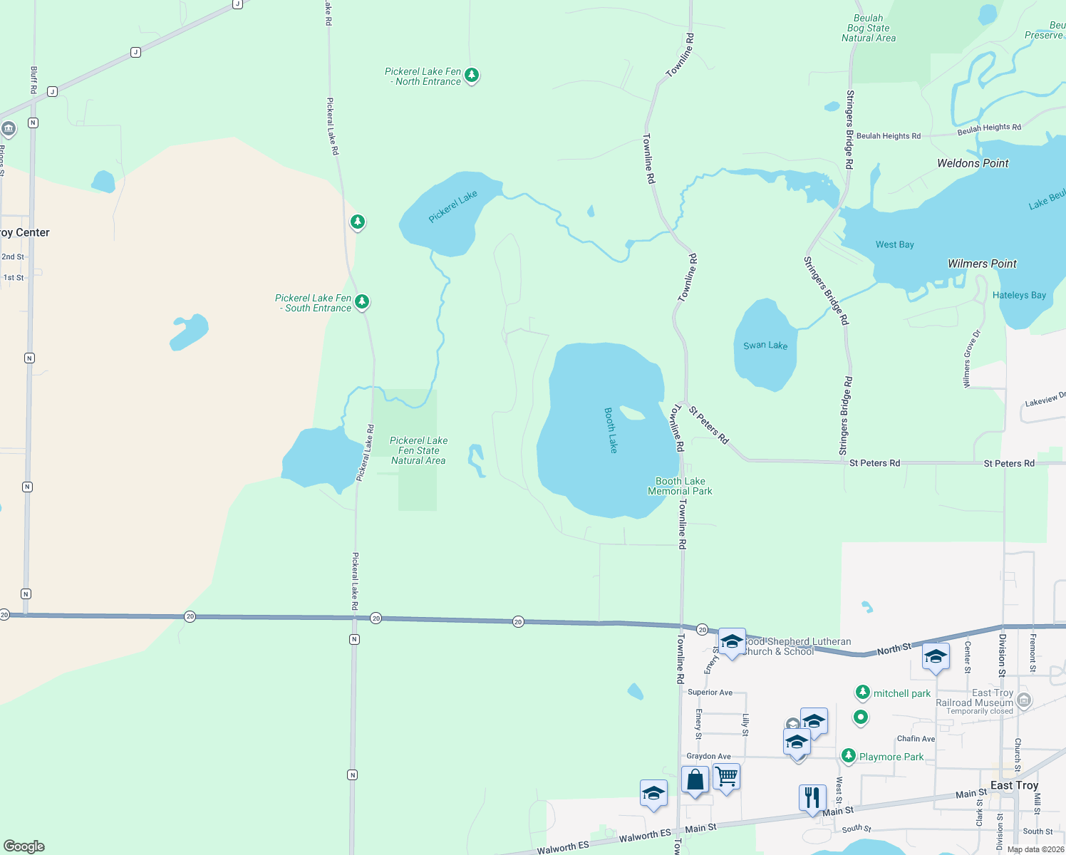 map of restaurants, bars, coffee shops, grocery stores, and more near N8540 Booth Lake Heights in East Troy