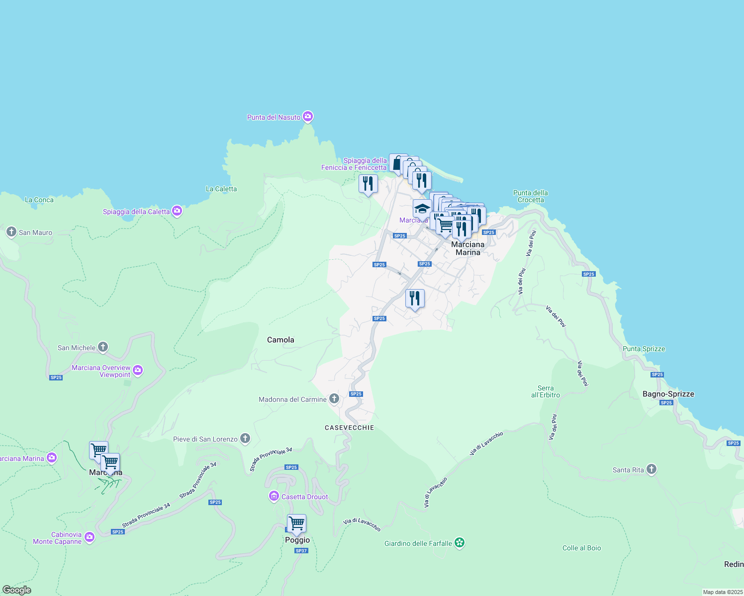 map of restaurants, bars, coffee shops, grocery stores, and more near 12 Località Ontanelli in Marciana Marina