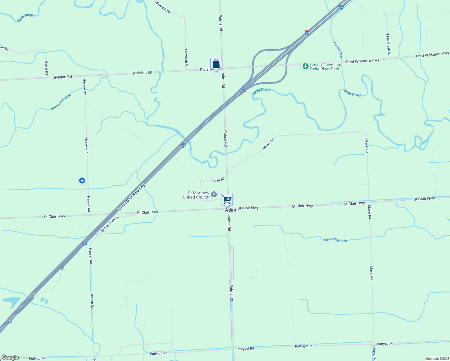 map of restaurants, bars, coffee shops, grocery stores, and more near 3418 Palms Road in Casco
