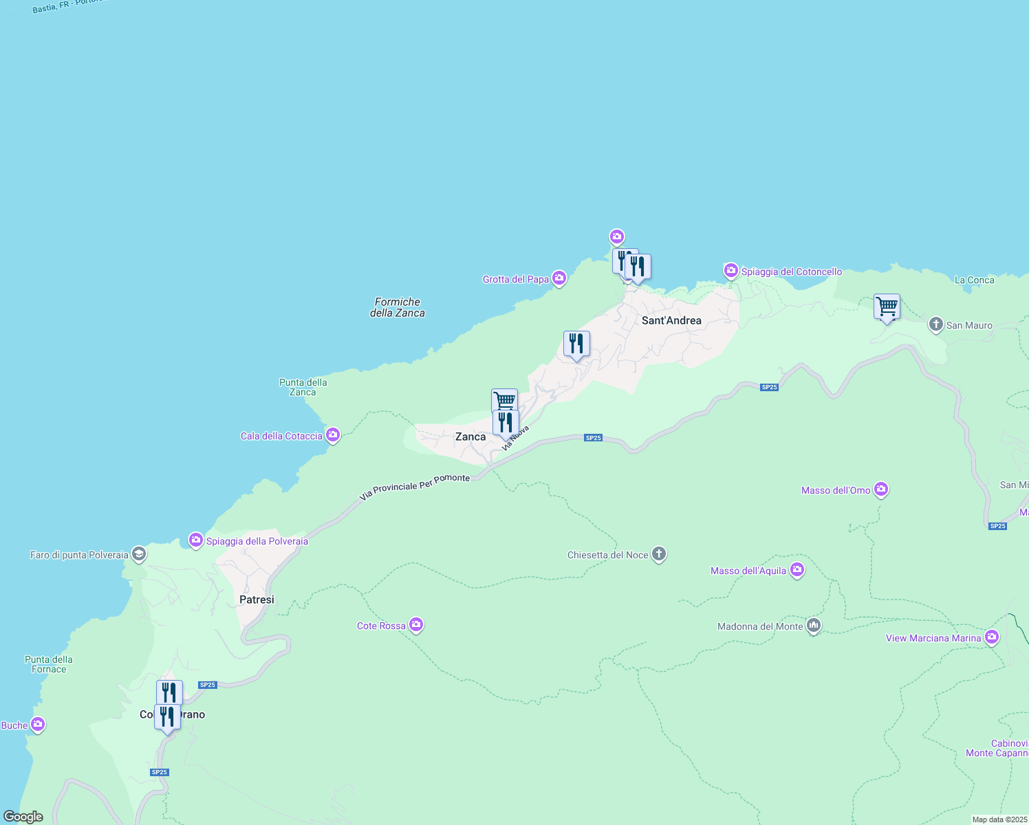 map of restaurants, bars, coffee shops, grocery stores, and more near 87 Via Sant'Assunta in Zanca-sant'andrea