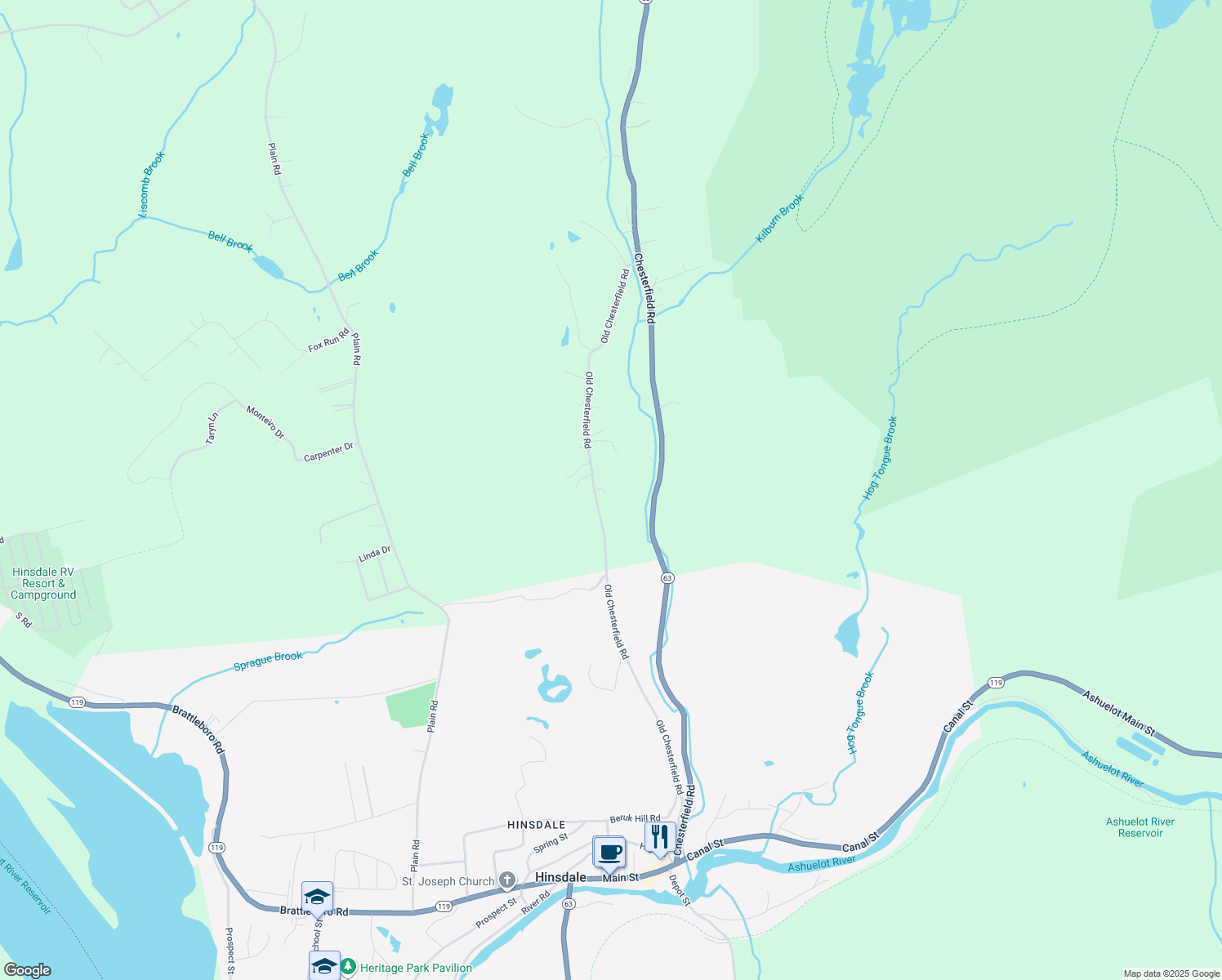 map of restaurants, bars, coffee shops, grocery stores, and more near 190 Old Chesterfield Road in Hinsdale