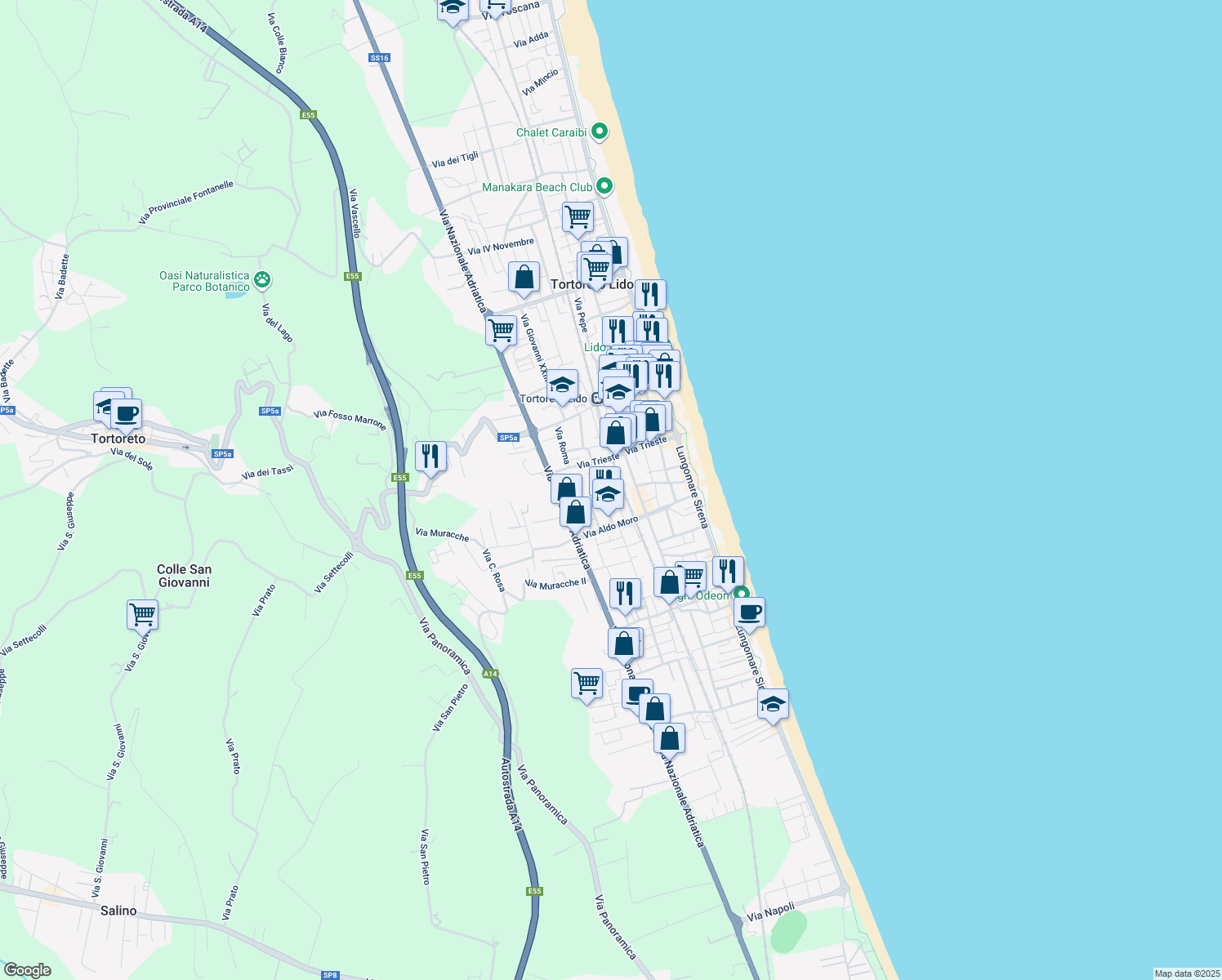 map of restaurants, bars, coffee shops, grocery stores, and more near 46 Via Giannelli in Tortoreto Lido