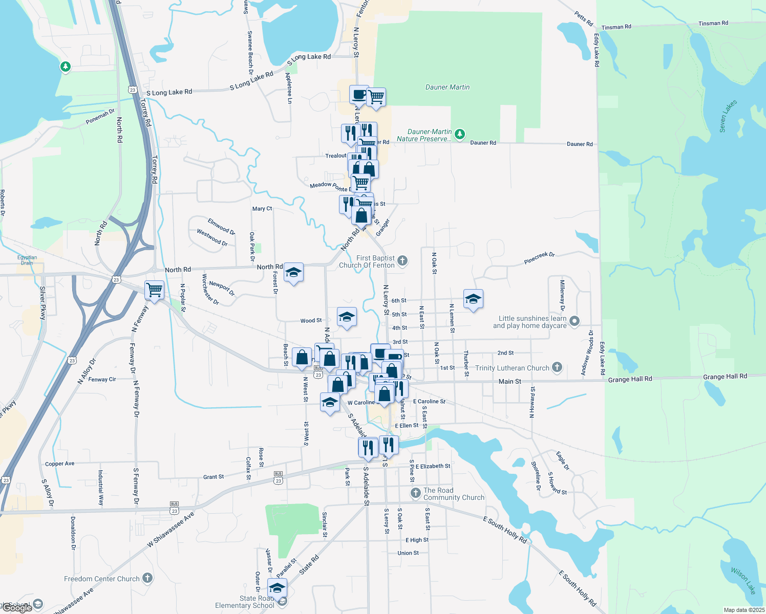 map of restaurants, bars, coffee shops, grocery stores, and more near 715 N Leroy St in Fenton