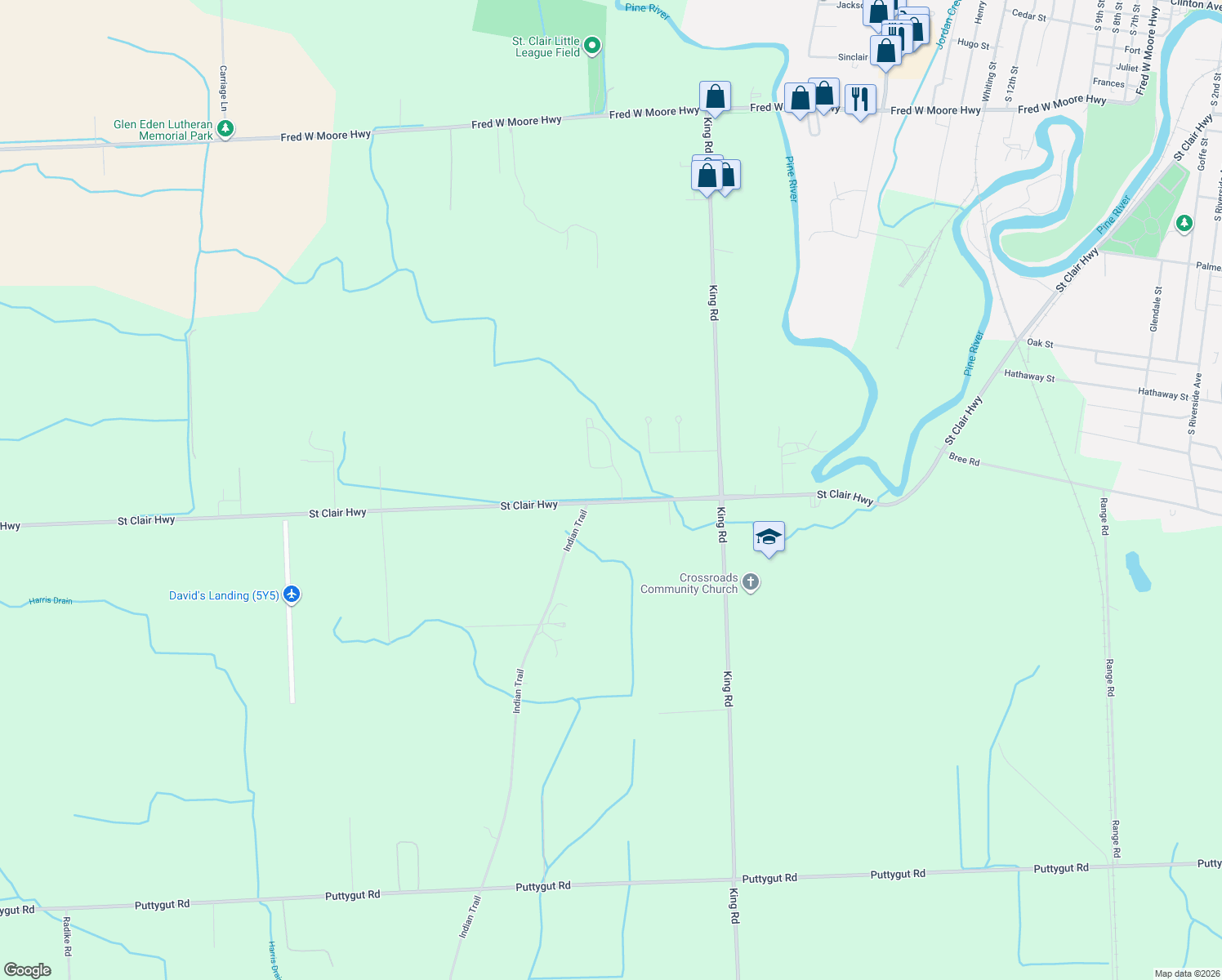 map of restaurants, bars, coffee shops, grocery stores, and more near 5130 Saint Clair Highway in East China