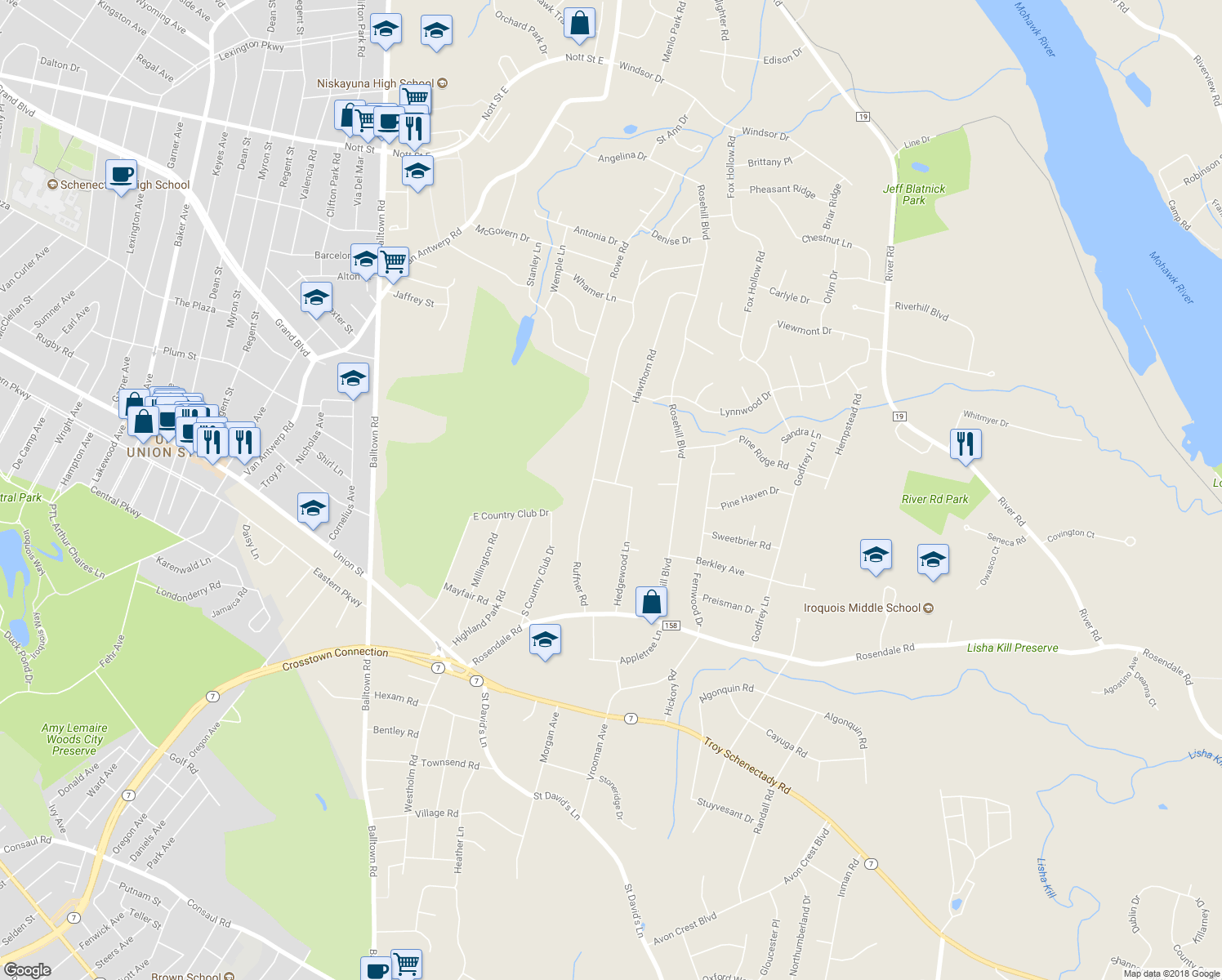 map of restaurants, bars, coffee shops, grocery stores, and more near 2144 Mountainview Avenue in Schenectady County