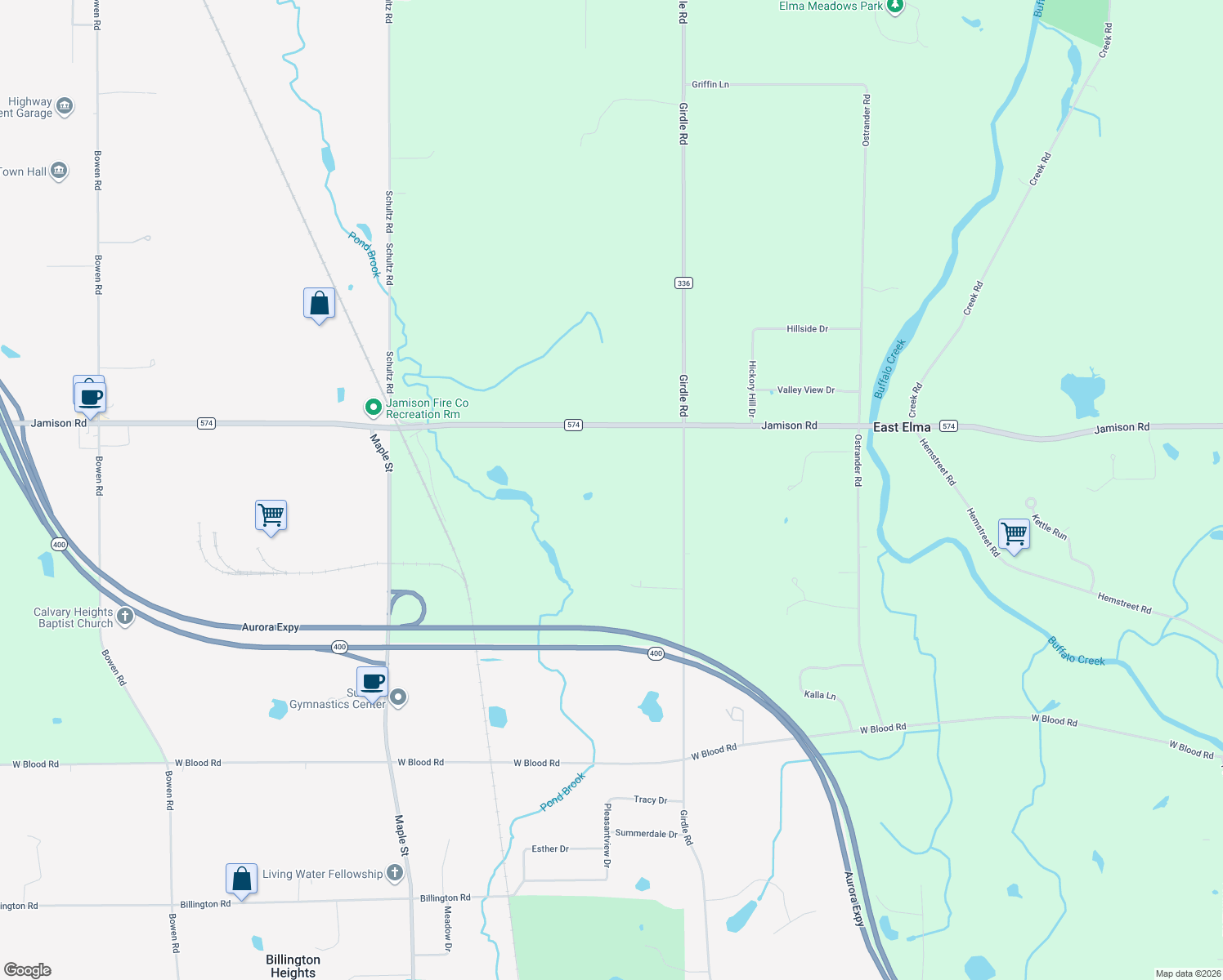 map of restaurants, bars, coffee shops, grocery stores, and more near 1400 Jamison Road in Erie County
