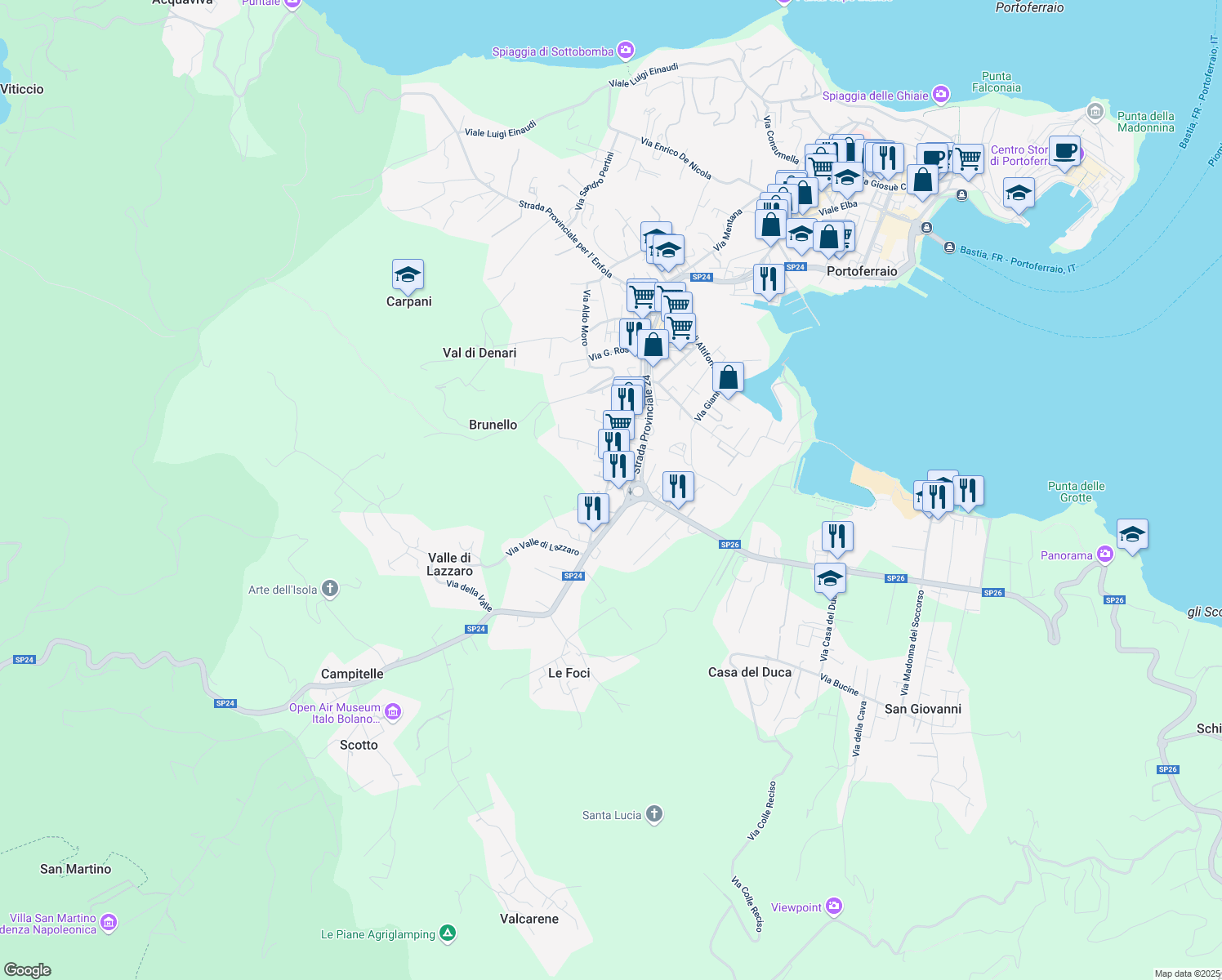 map of restaurants, bars, coffee shops, grocery stores, and more near 12 Via Francesco de Sanctis in Portoferraio