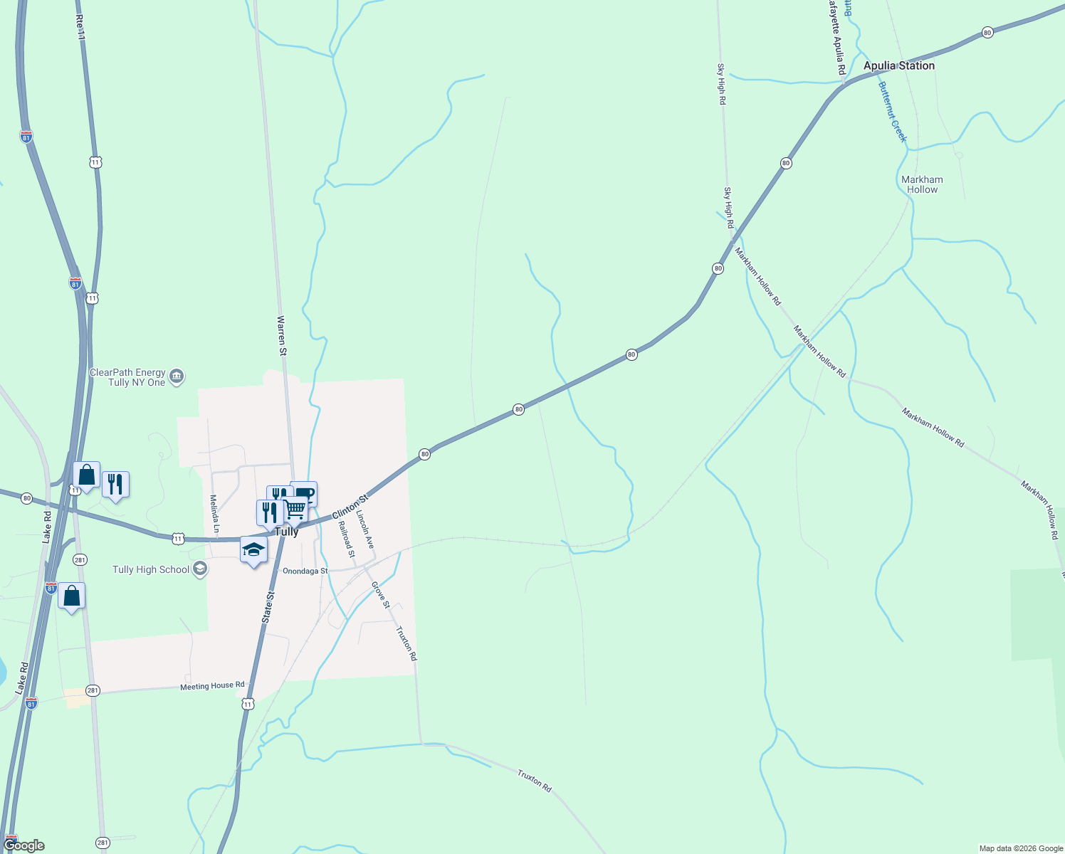 map of restaurants, bars, coffee shops, grocery stores, and more near 647 Babcock Rd in Tully