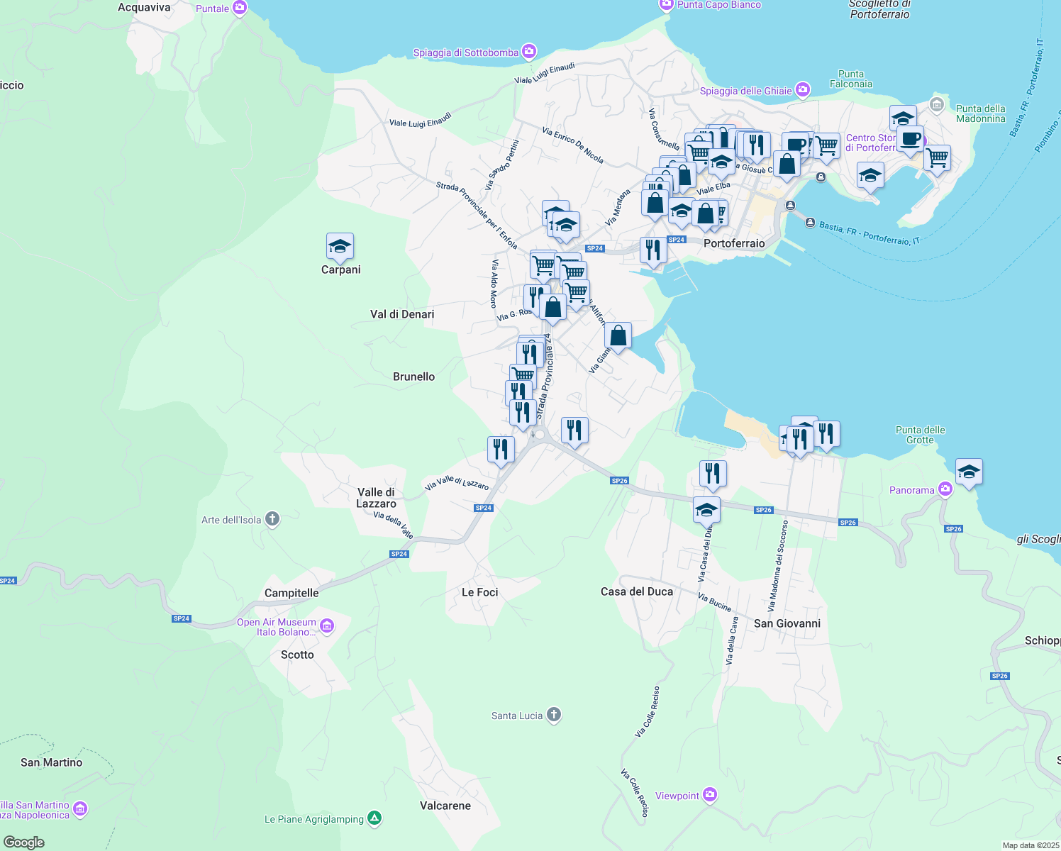 map of restaurants, bars, coffee shops, grocery stores, and more near 12 Via Francesco de Sanctis in Portoferraio