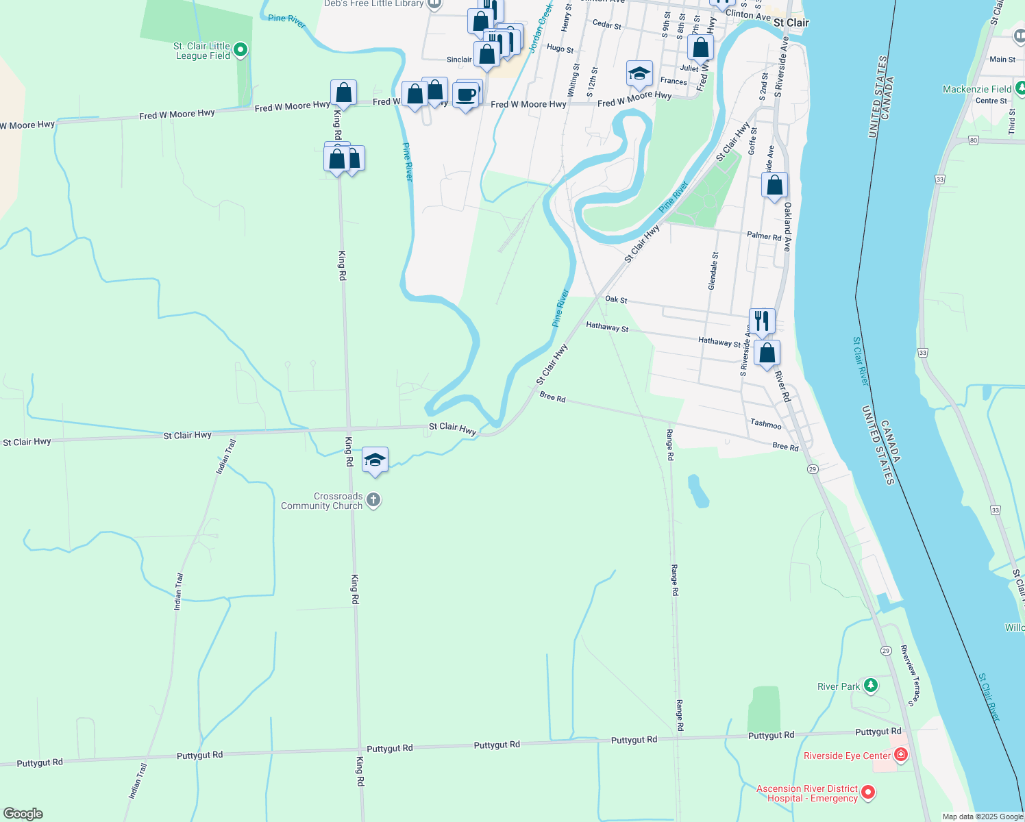 map of restaurants, bars, coffee shops, grocery stores, and more near 3040 Saint Clair Highway in East China