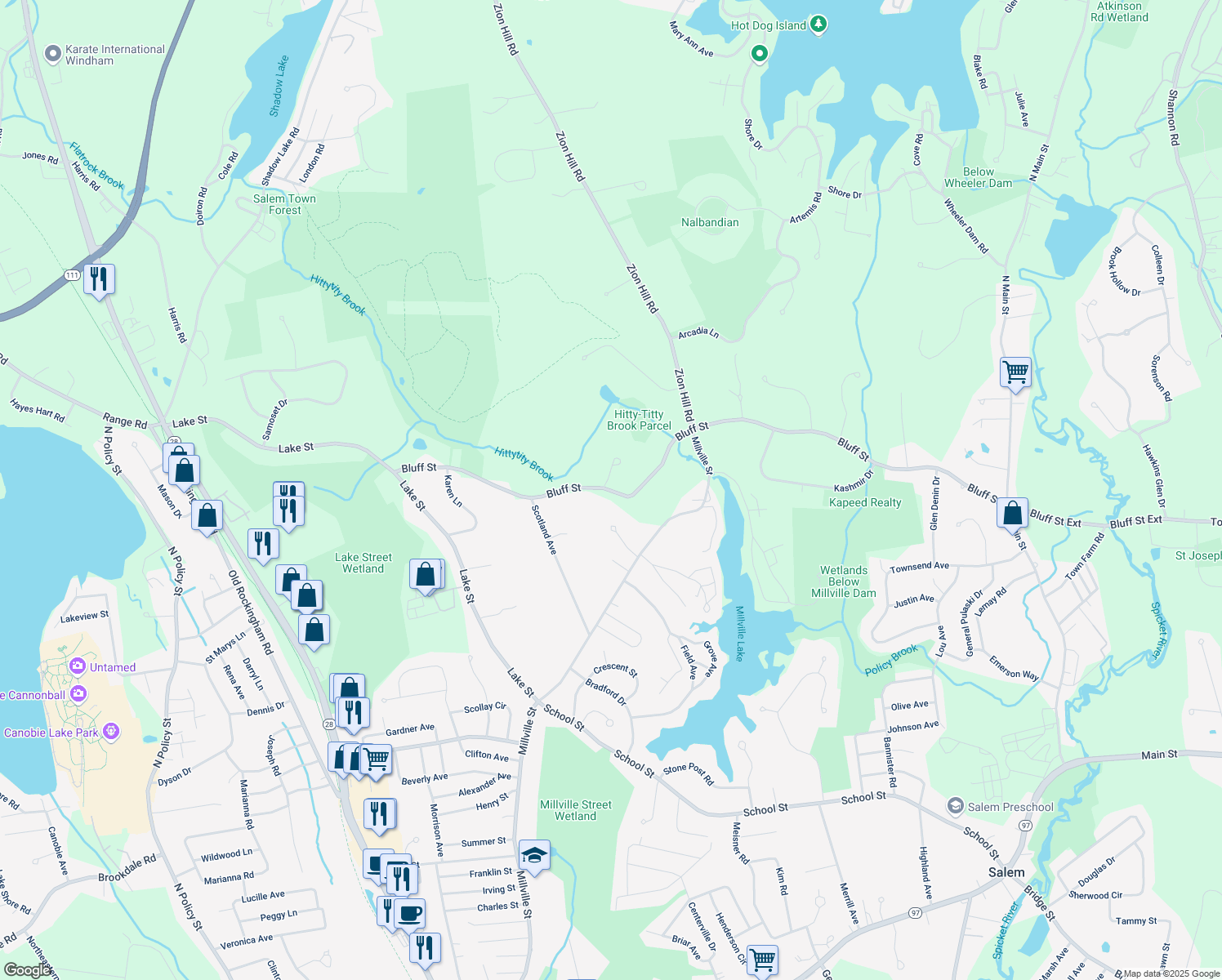 map of restaurants, bars, coffee shops, grocery stores, and more near 129 Bluff Street in Salem