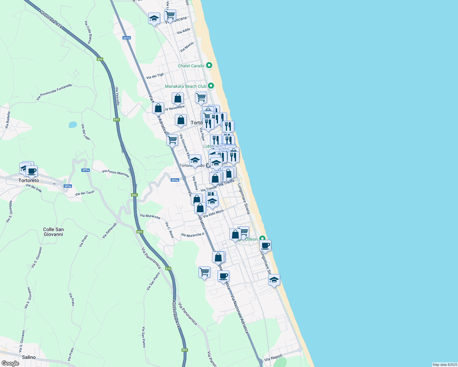 map of restaurants, bars, coffee shops, grocery stores, and more near 234 Lungomare Sirena in Tortoreto Lido