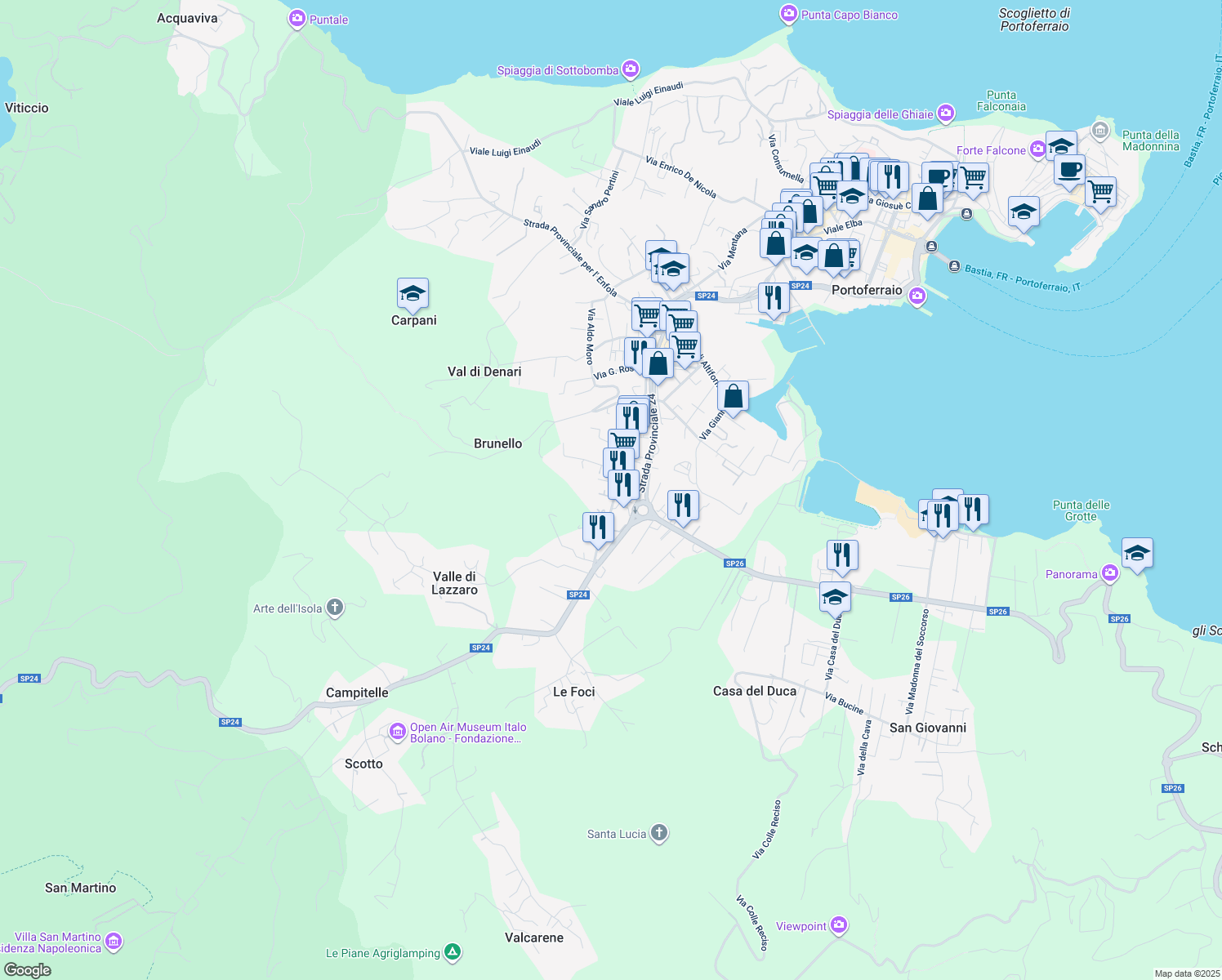 map of restaurants, bars, coffee shops, grocery stores, and more near 3 Via Giorgio Varanini in Portoferraio