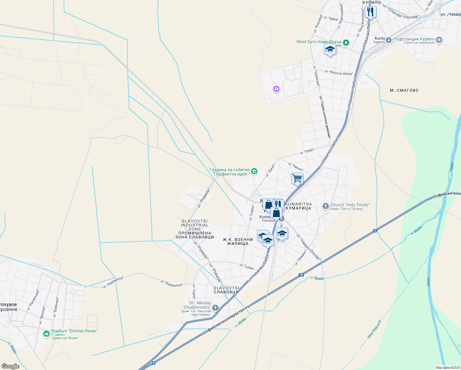 map of restaurants, bars, coffee shops, grocery stores, and more near 1v ulitsa "Hadzhi Dimitar" in grad Novi Iskar