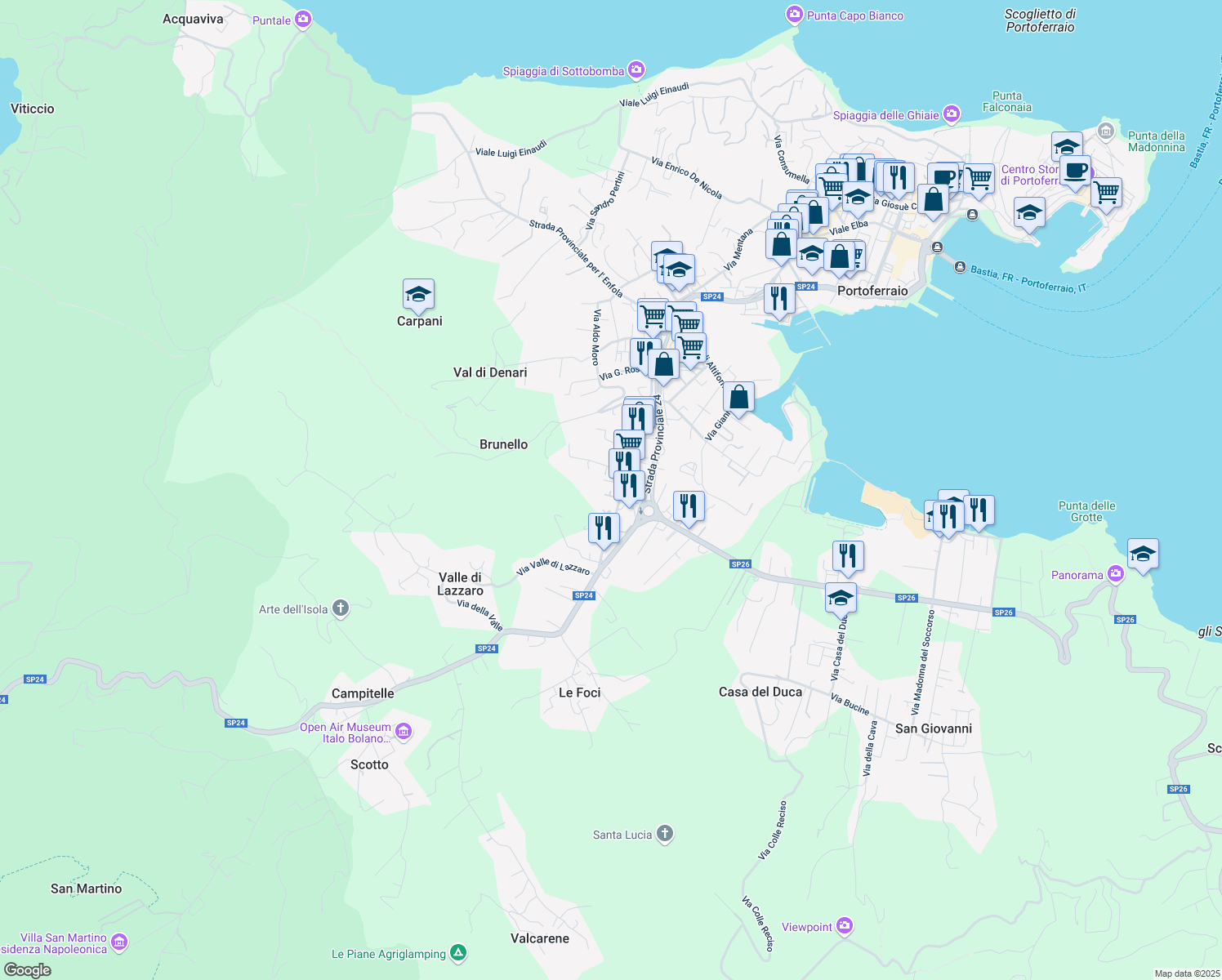 map of restaurants, bars, coffee shops, grocery stores, and more near 3 Via Giorgio Varanini in Portoferraio