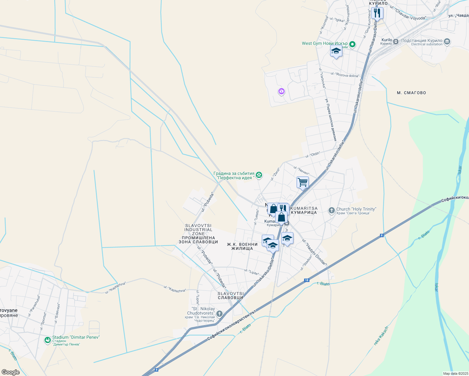map of restaurants, bars, coffee shops, grocery stores, and more near 1v ulitsa "Hadzhi Dimitar" in grad Novi Iskar