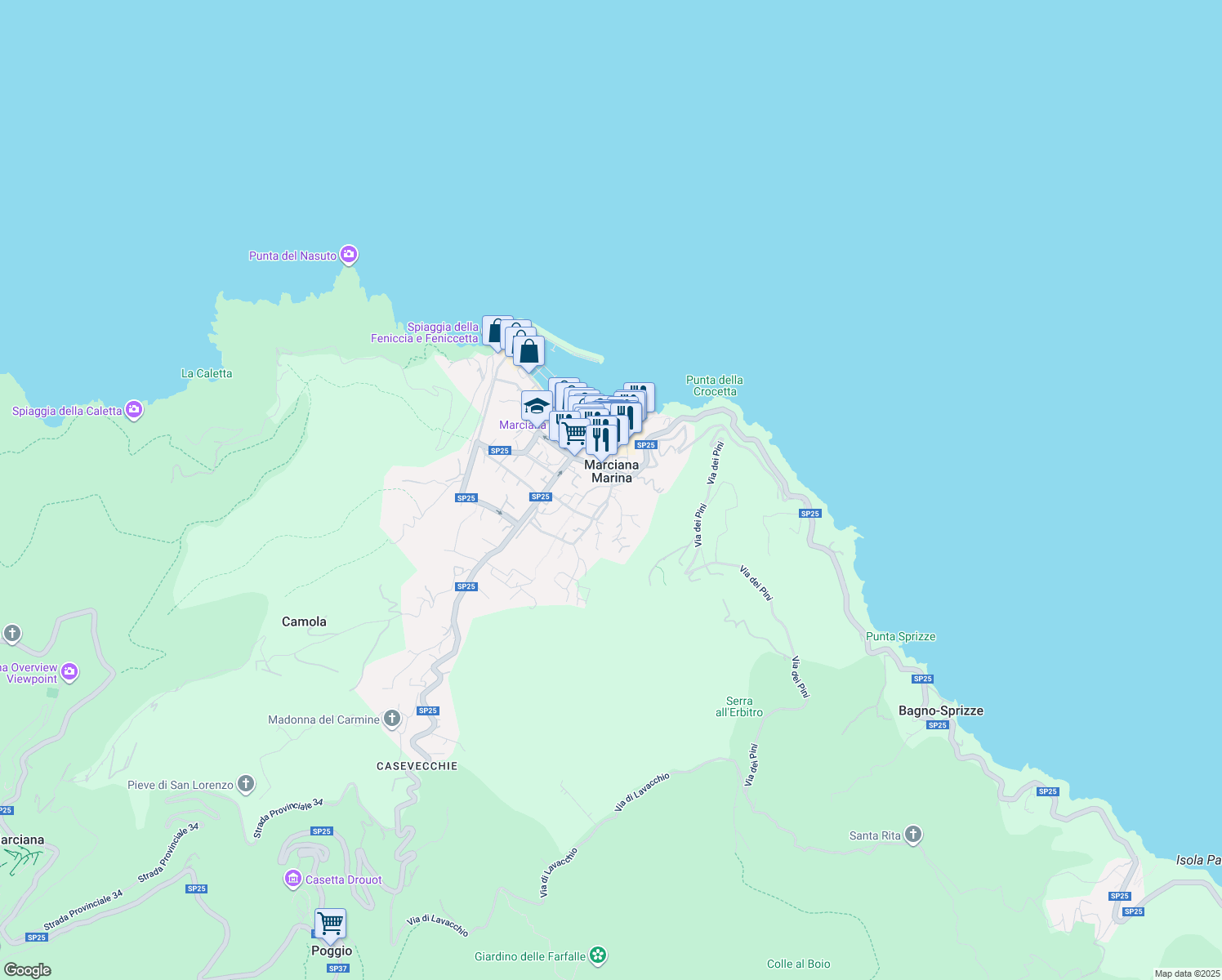 map of restaurants, bars, coffee shops, grocery stores, and more near 6 Via Giovanni Pascoli in Marciana Marina